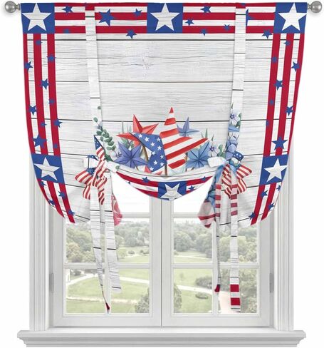 4th of July Tie Up Curtains for Window, Red Blue Patriotic Flowers Star Stripes Wooden Thermal Balloon Shade Adjustable Rod Pocket Curtains Valance Panels for Kitchen Bathroom Café 42'' x 63'' in Saudi Arabia