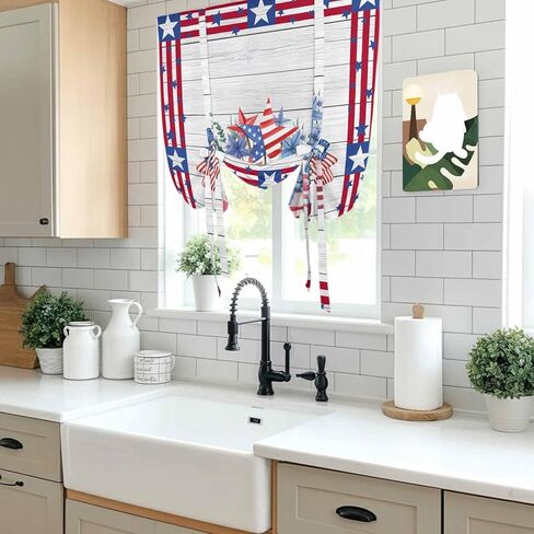 4th of July Tie Up Curtains for Window, Red Blue Patriotic Flowers Star Stripes Wooden Thermal Balloon Shade Adjustable Rod Pocket Curtains Valance Panels for Kitchen Bathroom Café 42'' x 63'' in Saudi Arabia