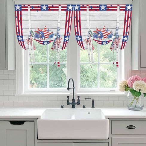 4th of July Tie Up Curtains for Window, Red Blue Patriotic Flowers Star Stripes Wooden Thermal Balloon Shade Adjustable Rod Pocket Curtains Valance Panels for Kitchen Bathroom Café 42'' x 63'' in Saudi Arabia