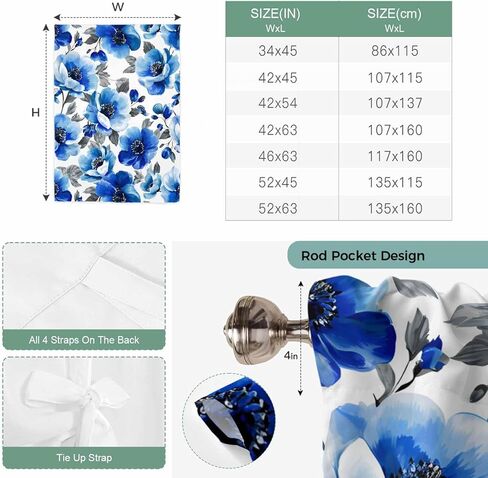 Blue Flowers Tie Up Curtains for Window, Spring Watercolor Leaves Floral Plants Thermal Insulated Balloon Shade Adjustable Rod Pocket Curtains Valance Panels for Kitchen Bathroom Café 52'' x 63'' in Saudi Arabia