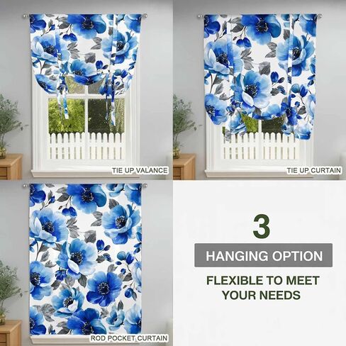 Blue Flowers Tie Up Curtains for Window, Spring Watercolor Leaves Floral Plants Thermal Insulated Balloon Shade Adjustable Rod Pocket Curtains Valance Panels for Kitchen Bathroom Café 52'' x 63'' in Saudi Arabia