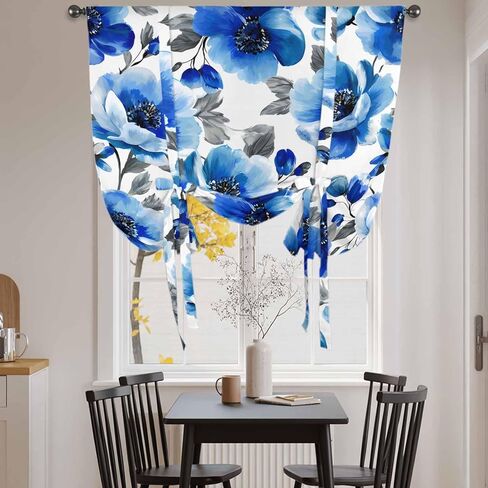 Blue Flowers Tie Up Curtains for Window, Spring Watercolor Leaves Floral Plants Thermal Insulated Balloon Shade Adjustable Rod Pocket Curtains Valance Panels for Kitchen Bathroom Café 52'' x 63'' in Saudi Arabia