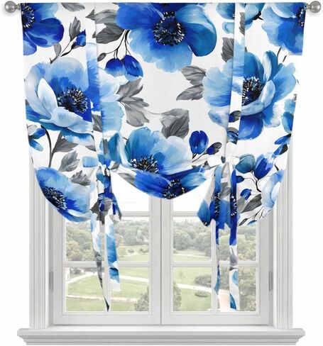 Blue Flowers Tie Up Curtains for Window, Spring Watercolor Leaves Floral Plants Thermal Insulated Balloon Shade Adjustable Rod Pocket Curtains Valance Panels for Kitchen Bathroom Café 52'' x 63'' in Saudi Arabia