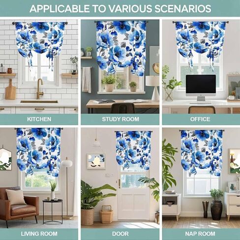Blue Flowers Tie Up Curtains for Window, Spring Watercolor Leaves Floral Plants Thermal Insulated Balloon Shade Adjustable Rod Pocket Curtains Valance Panels for Kitchen Bathroom Café 52'' x 63'' in Saudi Arabia