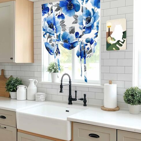 Blue Flowers Tie Up Curtains for Window, Spring Watercolor Leaves Floral Plants Thermal Insulated Balloon Shade Adjustable Rod Pocket Curtains Valance Panels for Kitchen Bathroom Café 52'' x 63'' in Saudi Arabia