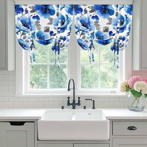 Blue Flowers Tie Up Curtains for Window, Spring Watercolor Leaves Floral Plants Thermal Insulated Balloon Shade Adjustable Rod Pocket Curtains Valance Panels for Kitchen Bathroom Café 52'' x 63'' in Saudi Arabia
