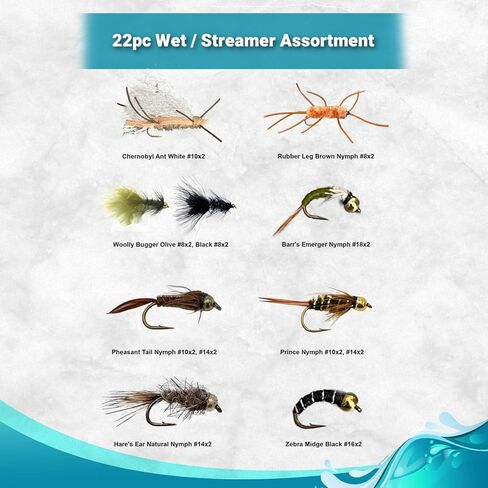 Feeder Creek Fly Flick Flish Flies - مجموعة من الذباب الجاف والرطب والبلاتي للتراوت والباس مع صندوق الذبابة وتعليمات الصيد in Kuwait