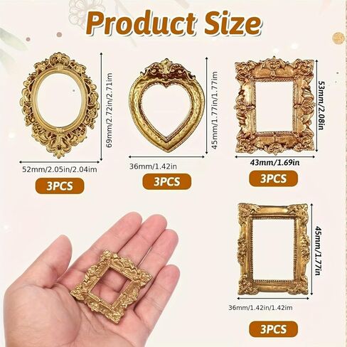 12pcs Golden Baroque Resin Vintage Mini Picture Frames Display Cases Wedding Christmas Photo Display Frames Home Decoration in Saudi Arabia
