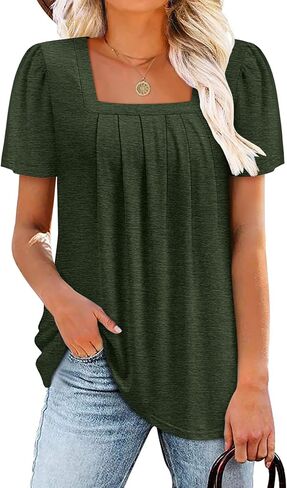 BETTE BOUTIK Womens Summer Tops Short Sleeve Pleated Square Neck Tunics Shirts Blouses S-3XL in Saudi Arabia