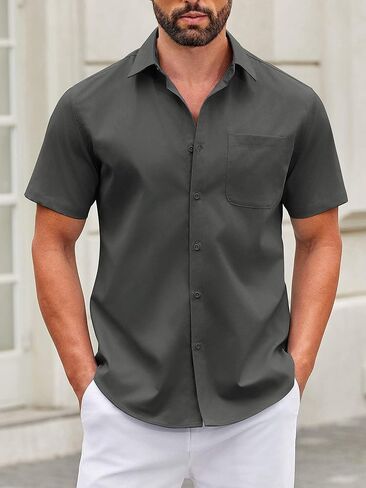 Mens Short Sleeve Button Down Shirts Casual Dress Shirt Untucked Shirts with Pocket in Saudi Arabia