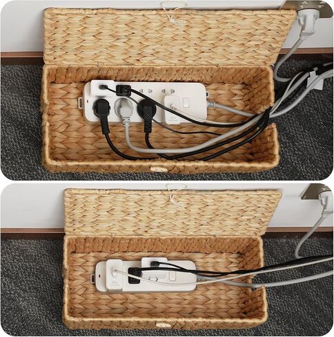 Posprica Cable Management Box with Lid, 2 Pack Handwoven Water Hyacinth Cord Hider Organizer Boxes, 2 Side Open Slots Storage Box to Hide Cords and Power Strip for Desk, Floor, Office in Kuwait