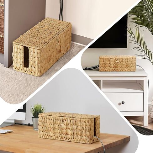 Posprica Cable Management Box with Lid, 2 Pack Handwoven Water Hyacinth Cord Hider Organizer Boxes, 2 Side Open Slots Storage Box to Hide Cords and Power Strip for Desk, Floor, Office in Kuwait
