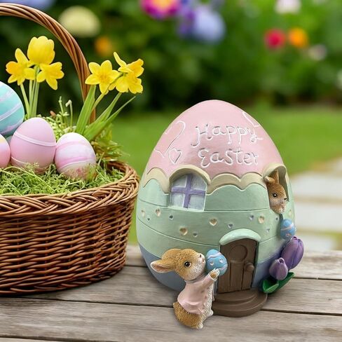 Easter Egg House Statue with Rabbit Decor Resin Piggy Bank Figurines Sculptures Birthday Decorative for Spring Party Supplies Home Garden Outdoor Statues, Yard Garden Decorations (Colorful) in Saudi Arabia