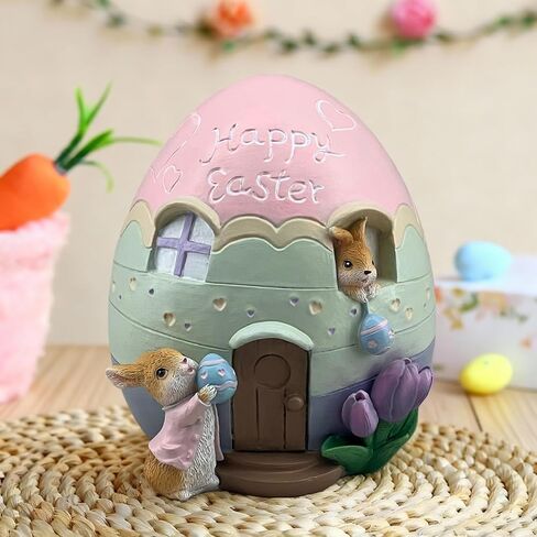 Easter Egg House Statue with Rabbit Decor Resin Piggy Bank Figurines Sculptures Birthday Decorative for Spring Party Supplies Home Garden Outdoor Statues, Yard Garden Decorations (Colorful) in Saudi Arabia