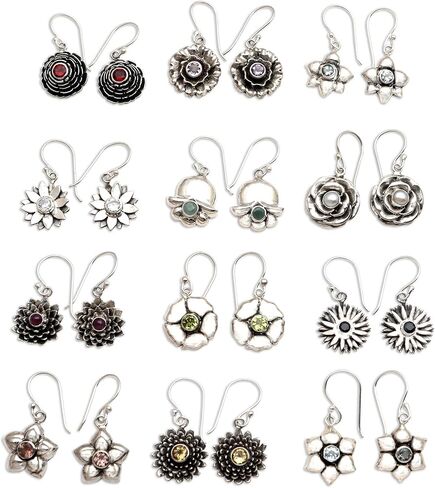 NOVICA Artisan Handmade Birthstone Flowers Dangle Earrings Crafted from Bali Sterling Silver Aquamarine Amethyst Emerald Ruby Sapphire Indonesia Floral mstone [1.2 in L x 0.5 in W x 0.3 in D 1.2 In] in Saudi Arabia
