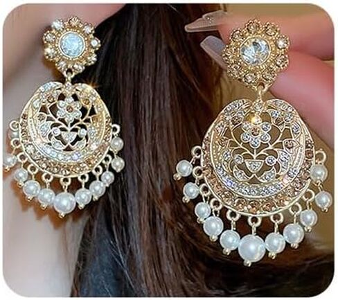 أقراط مطرزة باللؤلؤ الهندي أقراط ثريا كريستال بوهيمية Jhumka مثالية للنساء في المناسبات العرقية in Kuwait