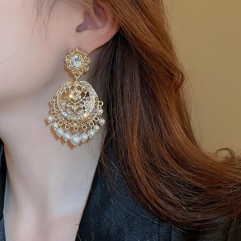 أقراط مطرزة باللؤلؤ الهندي أقراط ثريا كريستال بوهيمية Jhumka مثالية للنساء في المناسبات العرقية in Kuwait
