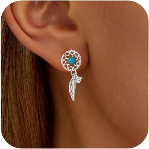 SUYACS 925 Sterling Silver Blue Turquoise Dream Catcher Feather Drop Dangle Earrings for Women 14k Gold Bohemian Western CZ Stud Earring Native American Indian Danling Earring Jewelry Gifts in Kuwait