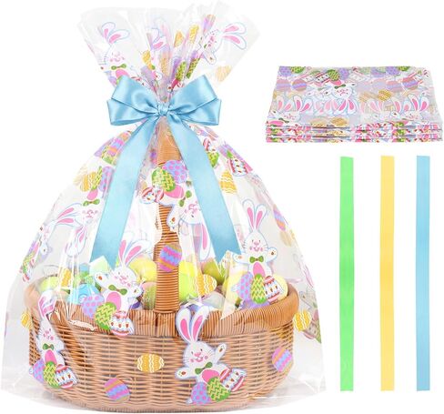 HRX Package 10 PCS Easter Basket Bags Flat Bottom 25.6x23.6x6.3 Inches, Large Clear Cellophane Wrap for Gifts & Basket Wrapping, Bunny & Egg Designs in Saudi Arabia