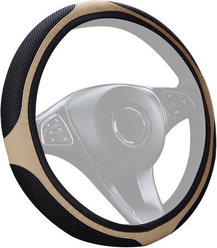 غطاء عجلة قيادة السيارة من الجلد المرن القابل للتنفس من Tianmei، 14.2-15.3 بوصة ملحقات عجلة قيادة السيارة العالمية القابلة للتمدد (TLPU_WG_Beige) in Kuwait