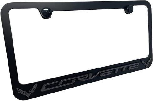 C7 Corvette License Plate Frame - Rust Proof Black with Dark Gray C7 Crossed Flags Logo - Made in USA in Saudi Arabia