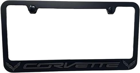 C7 Corvette License Plate Frame - Rust Proof Black with Dark Gray C7 Crossed Flags Logo - Made in USA in Saudi Arabia