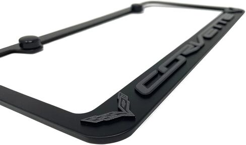 C7 Corvette License Plate Frame - Rust Proof Black with Dark Gray C7 Crossed Flags Logo - Made in USA in Saudi Arabia