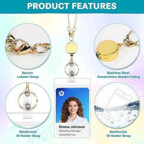 Satrry 3 in 1 Set Gold Retractable Lanyards for ID Badges Cute Cruise Necklace Chain Lanyard with ID Holder Water Resistant Reel Clip Chain for Women Teacher (Closely Spaced) in Saudi Arabia