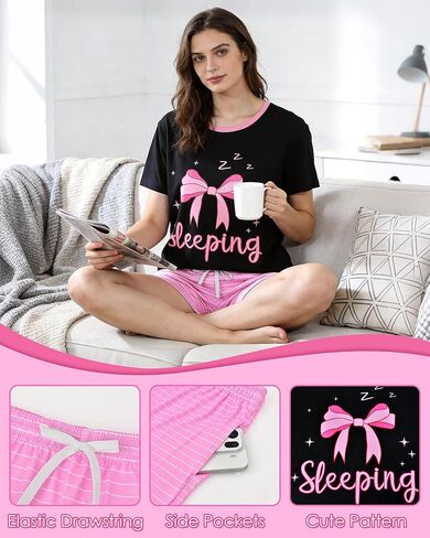 Womens Pajama Sets Short Sleeve Summer Pajamas for Women Comfy Sleep Set with Pockets Cute Pjs 2 Piece Lounge Set in Saudi Arabia