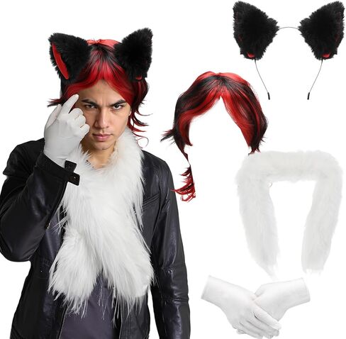 4 Pcs Halloween Costume Set Red and Black Wig Furry Ear Headwear White Glove White Plush Scarf for Adult Halloween Cosplay Party Accessory in Kuwait