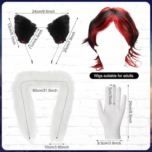 4 Pcs Halloween Costume Set Red and Black Wig Furry Ear Headwear White Glove White Plush Scarf for Adult Halloween Cosplay Party Accessory in Kuwait