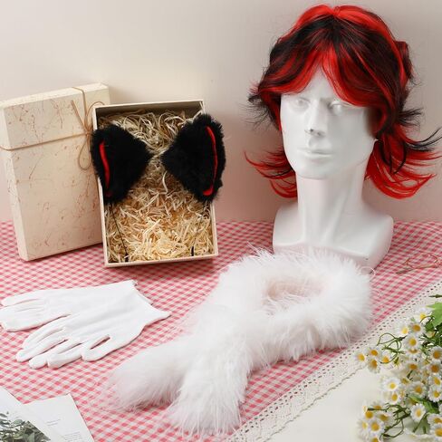 4 Pcs Halloween Costume Set Red and Black Wig Furry Ear Headwear White Glove White Plush Scarf for Adult Halloween Cosplay Party Accessory in Kuwait