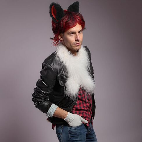 4 Pcs Halloween Costume Set Red and Black Wig Furry Ear Headwear White Glove White Plush Scarf for Adult Halloween Cosplay Party Accessory in Kuwait