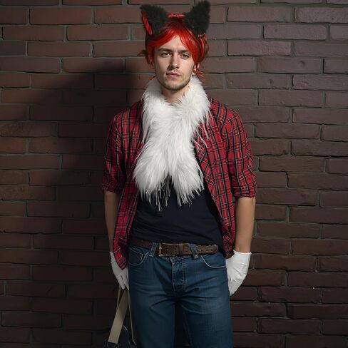 4 Pcs Halloween Costume Set Red and Black Wig Furry Ear Headwear White Glove White Plush Scarf for Adult Halloween Cosplay Party Accessory in Kuwait