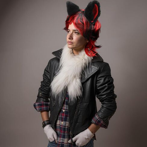 4 Pcs Halloween Costume Set Red and Black Wig Furry Ear Headwear White Glove White Plush Scarf for Adult Halloween Cosplay Party Accessory in Kuwait