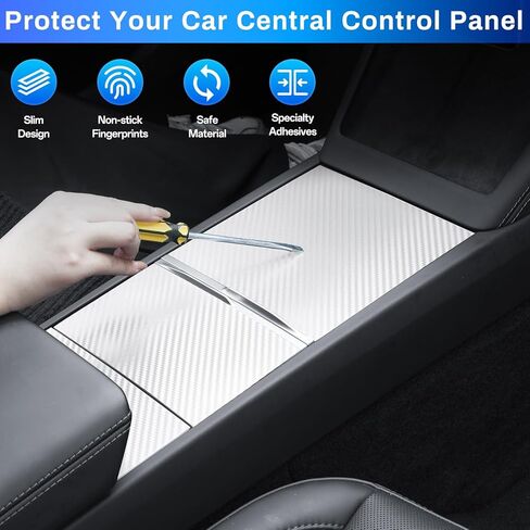 طقم تغليف وحدة التحكم المركزية لـ Tesla Model Y Juniper 2025 2026 Model 3 Highland 2024 2025 2026 ملصقات واقية لوحدة التحكم المركزية غطاء ديكور مقاوم للخدش، ألياف الكربون الأبيض in Kuwait