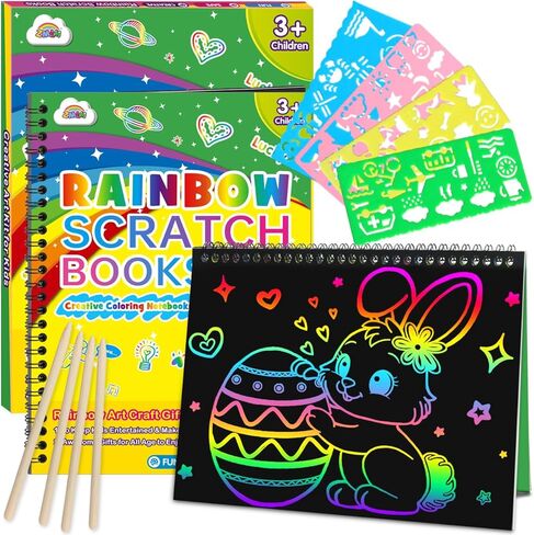 ZMLM Scratch Paper Art Craft: 2 Pack Rainbow Scratch Set Easter Basket Stuffers for Kids Ages 4-8 Drawing Coloring Black Magic Art Supplies Kits Easter Gifts for Girls Boys Birthday Party Games Toys in Kuwait