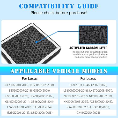 فلتر هواء كابينة ماشا لسيارة Lexus RX350 (2010-2015) RX450h ES350 ES300 GS350 GS450h IS350 LS460 LX570 NX300 NX300h UX200 GX460، مع مرشحات هواء بديلة من الكربون المنشط in Kuwait