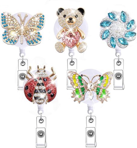 5Pcs Glitter Crystal Nurse Badge Reel Retractable Cute Bling Rhinestone Animal Butterfly Bear Flower Badge Holder Clip Gifts Nursing Student Medical Social Worker CNA RN ID Card Accessories in Saudi Arabia