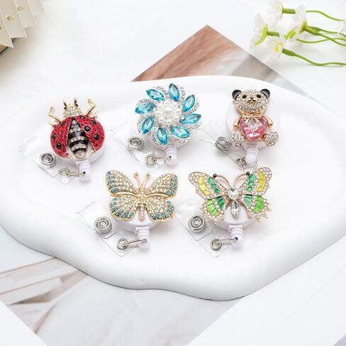 5Pcs Glitter Crystal Nurse Badge Reel Retractable Cute Bling Rhinestone Animal Butterfly Bear Flower Badge Holder Clip Gifts Nursing Student Medical Social Worker CNA RN ID Card Accessories in Saudi Arabia