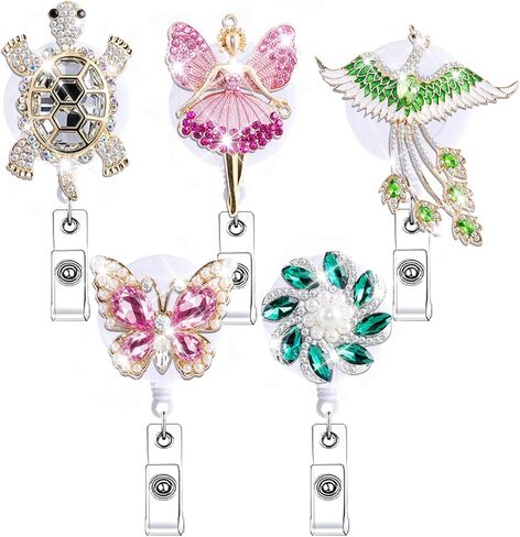5Pcs Glitter Crystal Nurse Badge Reel Retractable Cute Bling Rhinestone Animal Butterfly Bear Flower Badge Holder Clip Gifts Nursing Student Medical Social Worker CNA RN ID Card Accessories in Saudi Arabia