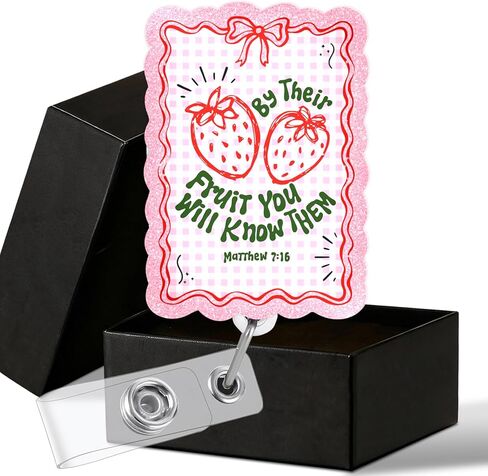 Coquette Christian Strawberry Badge Reel الكتاب المقدس الآية الوردي القوس التوت ماثيو 7:16 حامل شارة قابل للسحب مشبك هدايا الكتاب المقدس للممرضة الطبيب RN CNA زملاء العمل وعامل المكتب in Kuwait