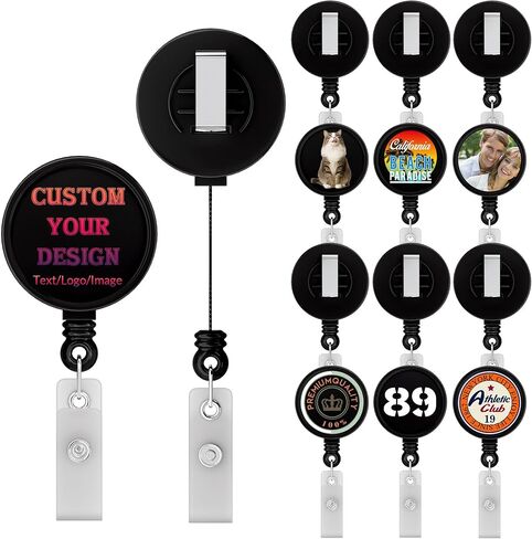 بكرة شارة مخصصة مع مشبك، بكرة شارة شخصية قابلة للسحب مع شعارك/صورتك/نصك، حامل شارة اسم للممرضات والمعلمين وعمال المكاتب، عبوة من 10 إلى 100 (أسود) in Kuwait