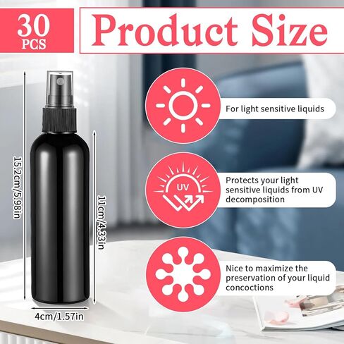 SHENLIU 30 عبوة من زجاجات الرش الفارغة السوداء سعة 118 مل مع غطاء، زجاجات رش رذاذ بلاستيكية دقيقة محمولة صغيرة قابلة لإعادة الملء حاوية سائلة لتنظيف العطور والزيوت العطرية in Kuwait