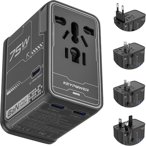 Universal Travel Adapter, 75W GaN International Power Adapter with 3 USB C and 1 USB A, All in One Travel Plug Adapter, Worldwide Outlet Wall Charger Converter for EU US UK AU 200+ Countries. in Kuwait