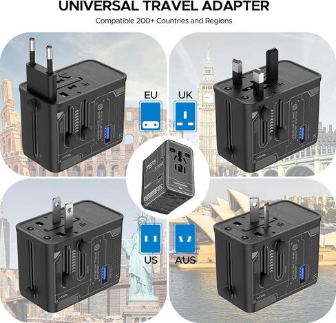 Universal Travel Adapter, 75W GaN International Power Adapter with 3 USB C and 1 USB A, All in One Travel Plug Adapter, Worldwide Outlet Wall Charger Converter for EU US UK AU 200+ Countries. in Kuwait