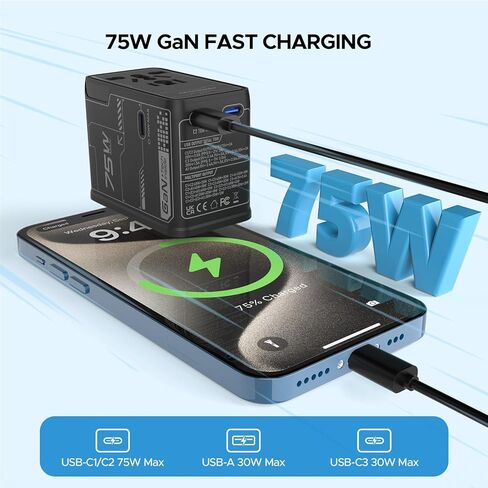 Universal Travel Adapter, 75W GaN International Power Adapter with 3 USB C and 1 USB A, All in One Travel Plug Adapter, Worldwide Outlet Wall Charger Converter for EU US UK AU 200+ Countries. in Kuwait