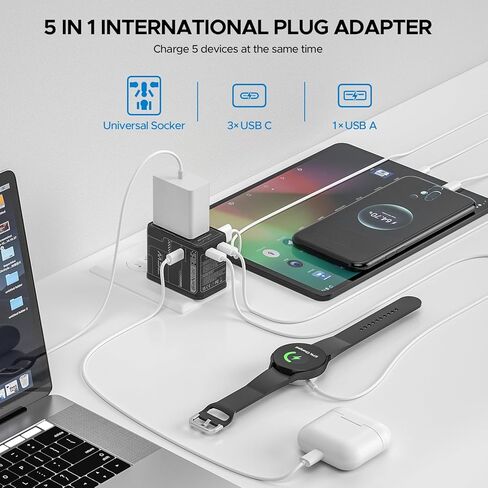 Universal Travel Adapter, 75W GaN International Power Adapter with 3 USB C and 1 USB A, All in One Travel Plug Adapter, Worldwide Outlet Wall Charger Converter for EU US UK AU 200+ Countries. in Kuwait