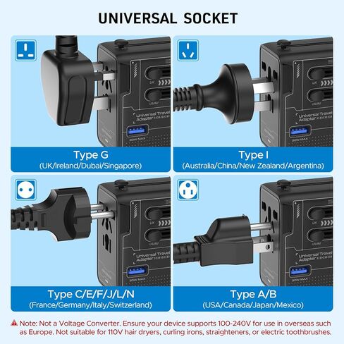 Universal Travel Adapter, 75W GaN International Power Adapter with 3 USB C and 1 USB A, All in One Travel Plug Adapter, Worldwide Outlet Wall Charger Converter for EU US UK AU 200+ Countries. in Kuwait