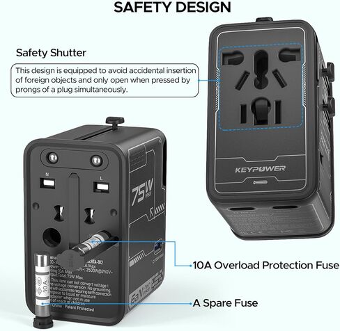 Universal Travel Adapter, 75W GaN International Power Adapter with 3 USB C and 1 USB A, All in One Travel Plug Adapter, Worldwide Outlet Wall Charger Converter for EU US UK AU 200+ Countries. in Kuwait